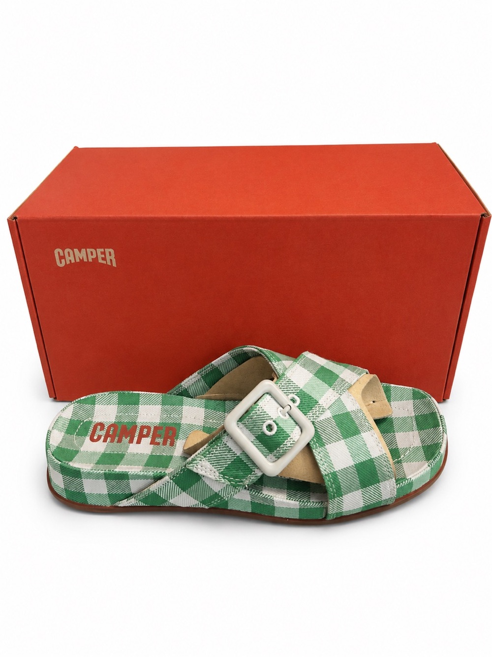 Camper Atonik Green and White Gingham Buckle Slide NIB
